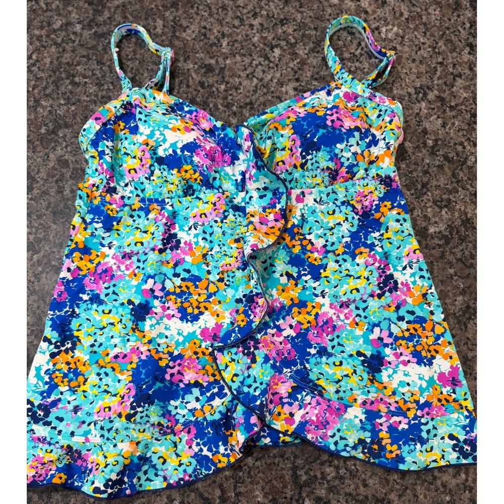 Maxine of Hollywood Women Floral Ruffle Tankini Swim Top Blue Pink Orange Sz 12